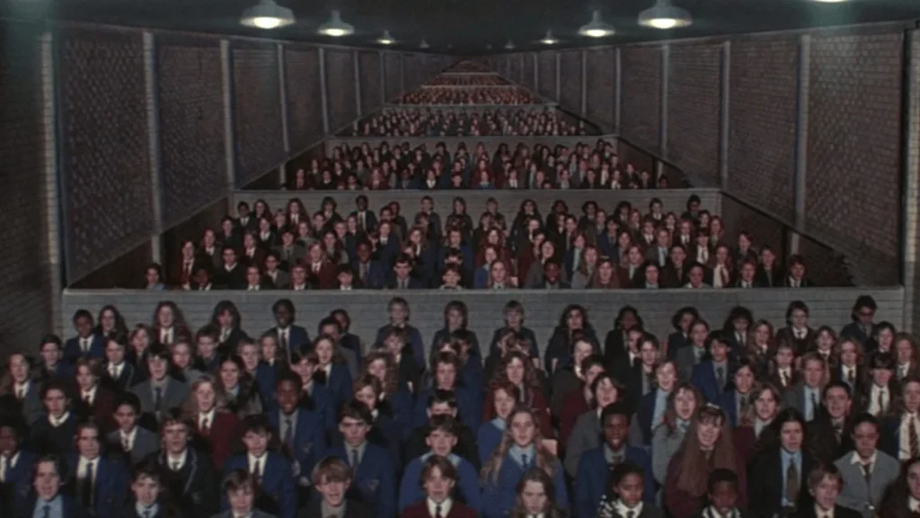 Rows of uniformed schoolchildren in the classroom sequence from Pink Floyd: The Wall